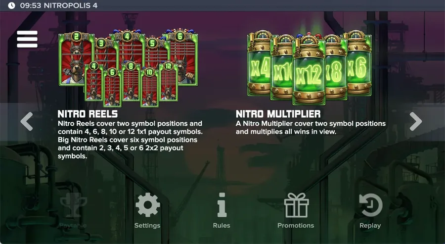 Nitropolis 4 Nitro Reels with multipliers on the grid