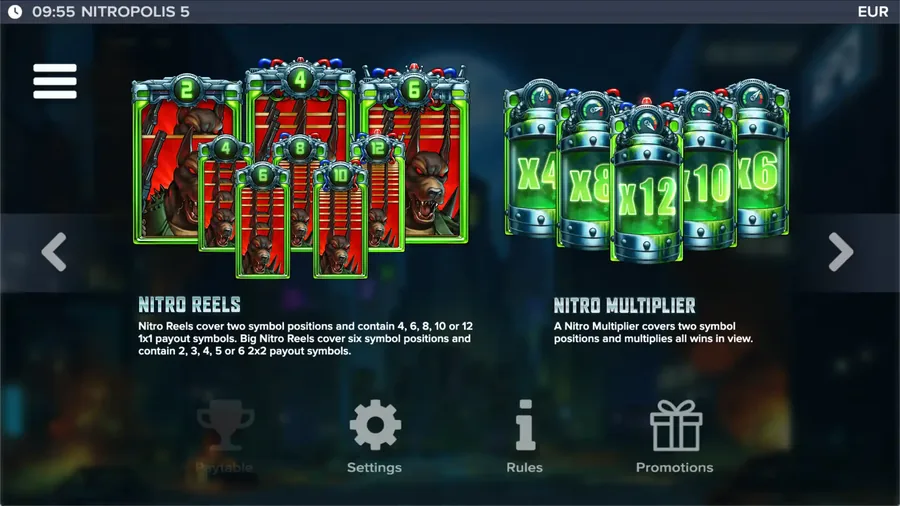 Nitropolis 5 Nitro Reels with multiplier on the grid